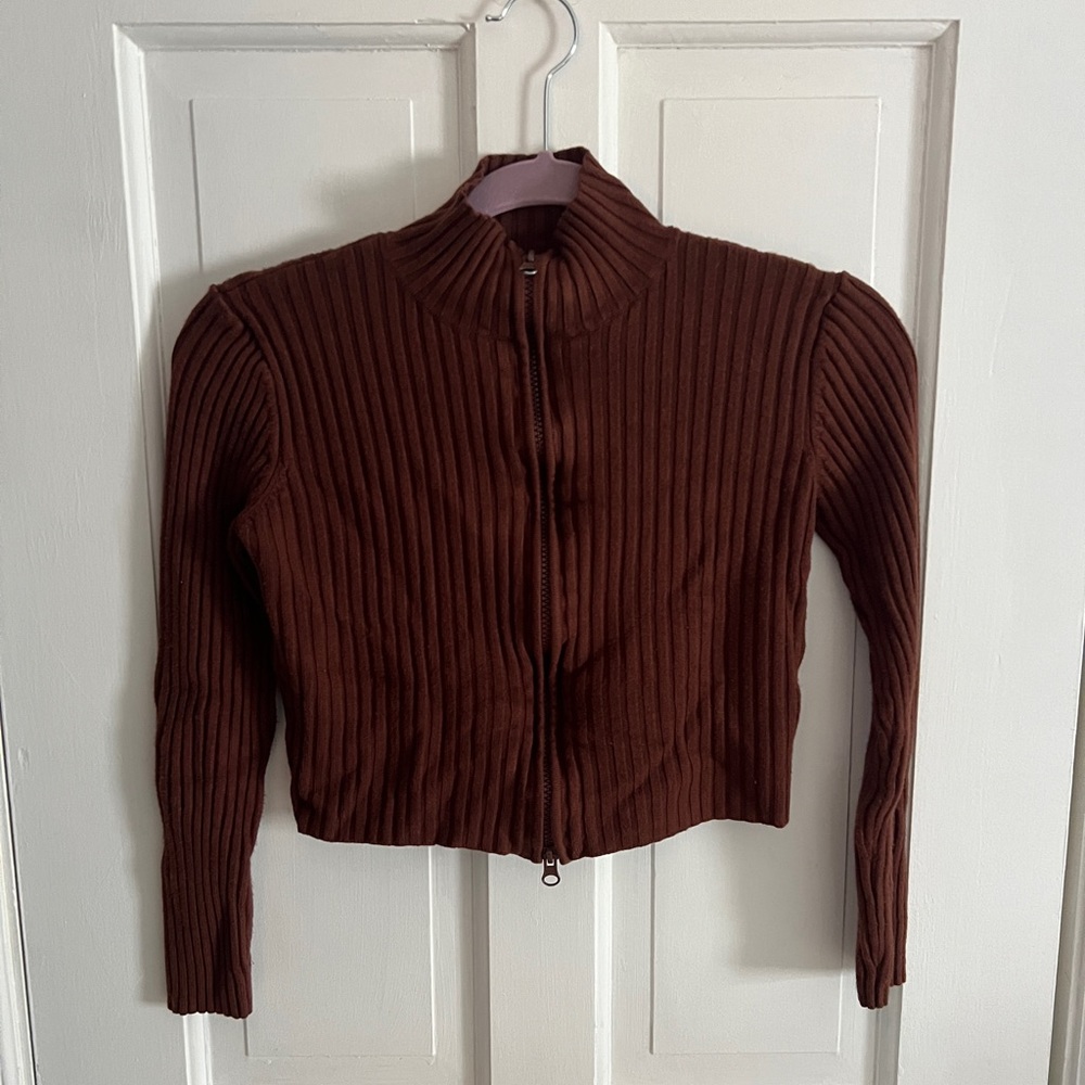 Urban outfitters Brown Ribbed Zip-Up Sweater